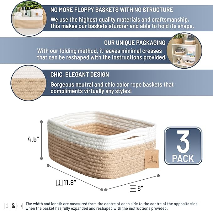 NaturalCozy 11.8"x8"x4.5” Storage Baskets for Shelves 3 Pack | Cotton Rope Woven Small Baskets for Organizing | Small Storage