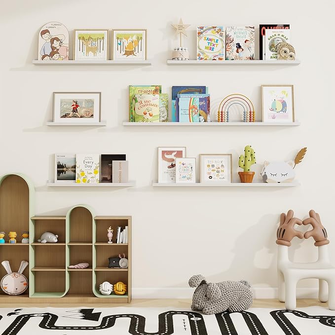 Fun Memories Picture Ledge Shelf, Solid Pine Wood Floating Shelves Set of 4, 16 Inches Nursery Book Shelves for Toys Storage,