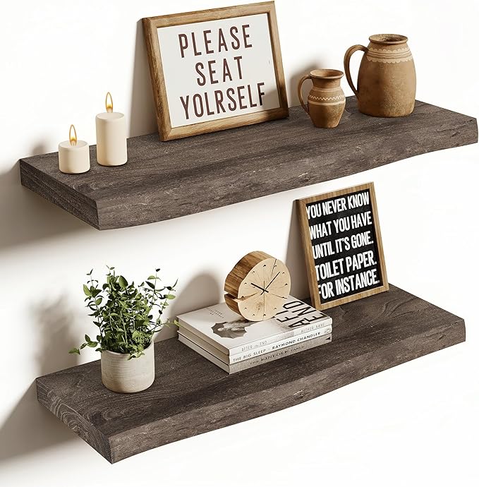 Vivelove Live Edge Floating Shelves 24 inch, Solid Elm Wood Wall Display Shelf with Invisible Bracket for Living Room Bedroom