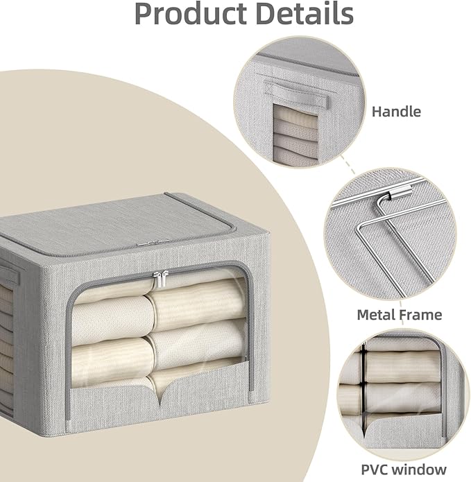FHSQX 3 Pack Clothes Storage Bins - Foldable Metal Frame Storage Box - Stackable Linen Fabric Container Organizer Set with Ca