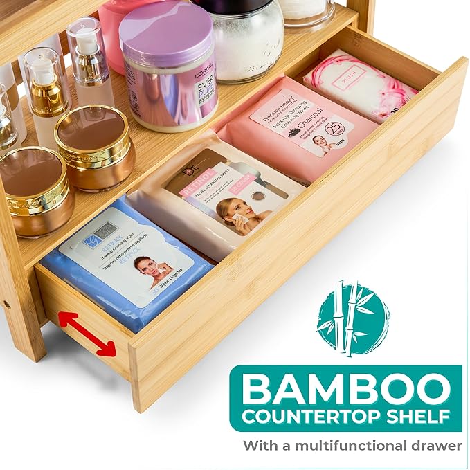 Sorbus Bamboo Bathroom Counter Organizer – 2-Tier Shelf with Hidden Drawer for Vanity, Matcha Station, Bathroom Sink Organize