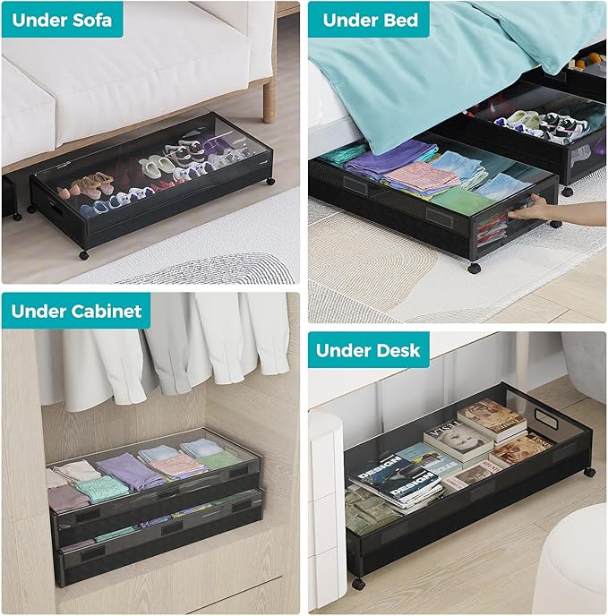 oylik Large Under Bed Storage with Wheels, Metal Under Bed Storage Containers with Clear Lid, Handle, Rolling Under Bed Shoe 