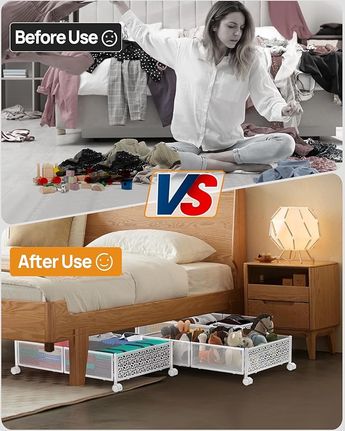 Under Bed Storage With Wheels - 60L Foldable Pattern Carved Metal Container, Rolling Underbed for Shoes, Clothes, Blankets - 