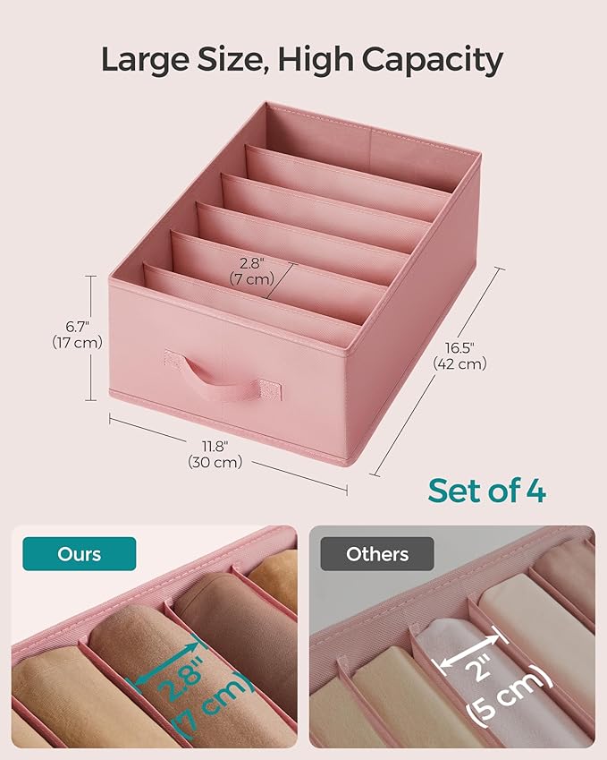 SONGMICS Set of 4 Large Size Wardrobe Clothes Organizers, 6-Compartment Foldable Drawer Organizers with Handles, 16.5 x 11.8 