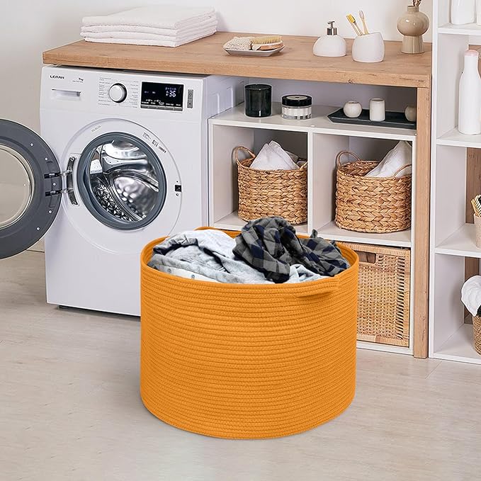 MEGASKET Extra Large Orange Basket, 22" X 22" X 14" Woven Cotton Rope Bins for Blankets, Baby Nursery Wicker Laundry Towel Ba