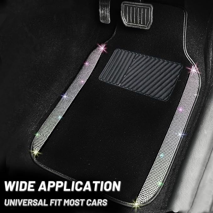 NBTEPEM Bling Car Floor Mats Full Set and Steering Wheel Cover, Universal Fit Most Cars, 4 pcs Sparkle Glitter Diamond Carpet, 5 pcs Bling Car Accessories Set for Women (Multicolor Diamond)