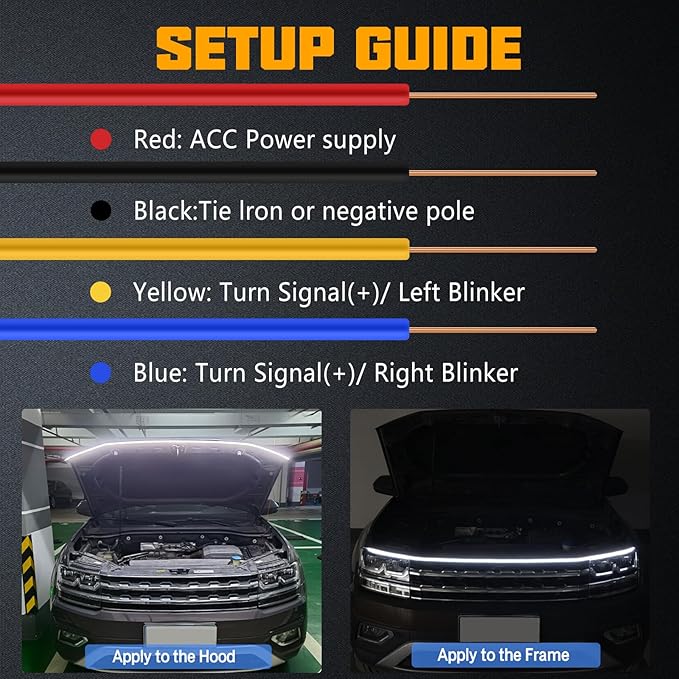 Flexible Car Hood Light Strip, 70 Inches Dynamic LED Daytime Running Lights, White and Amber Switchback Sequential Turn Signal Lights for Car, Truck, SUV