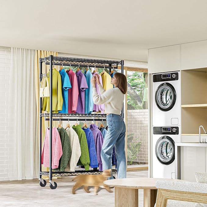 M MZG Heavy Duty Rolling Garment Rack 3 Tiers Adjustable Wire Shelving Clothes Rack with 2 Rods and Side Hooks,Storage Closet