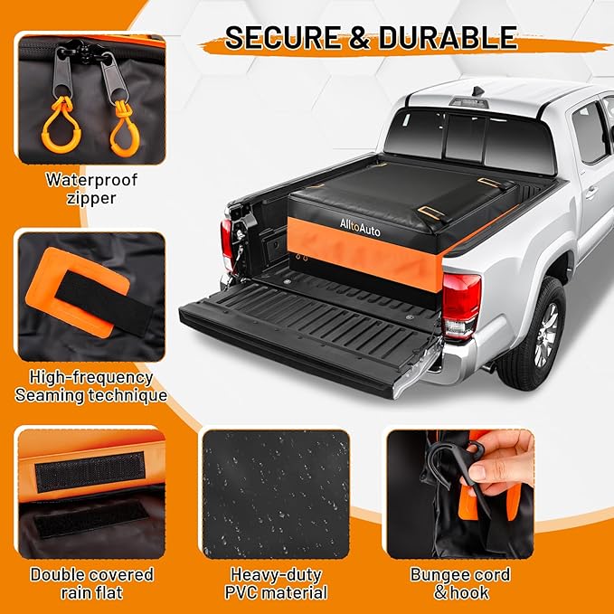 [High Visibility] Waterproof Truck Bed Bag with Orange Safety Trim, 26 CuFt Heavy Duty Cargo Carrier for Pickup Truck, Weatherproof Storage Bag for Camping & Road Trips