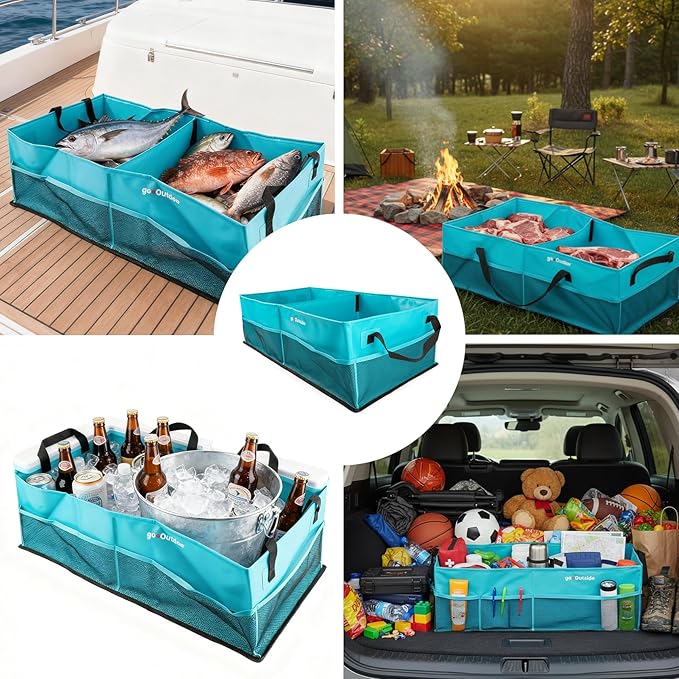 Collapsible Waterproof Car Trunk Organizer, Soft PVC Storage Bin with Rugged PVC-Coated Fabric for SUV & Truck (Aqua Blue, PLU