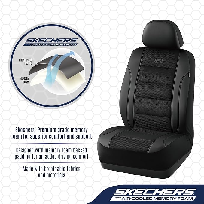 Skechers Men’s Seat Covers, Air-Cooled Memory Foam Car Seat Covers Front Seats, Airbag Compatible,Universal Fit for Most Cars