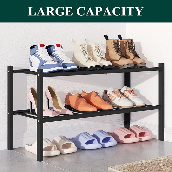 Smiry Bamboo Shoe Rack for Closet, 2 Tier Wooden Stackable Shoe Organizer, Free Standing Shoes Storage Shelf for Entryway, Fr