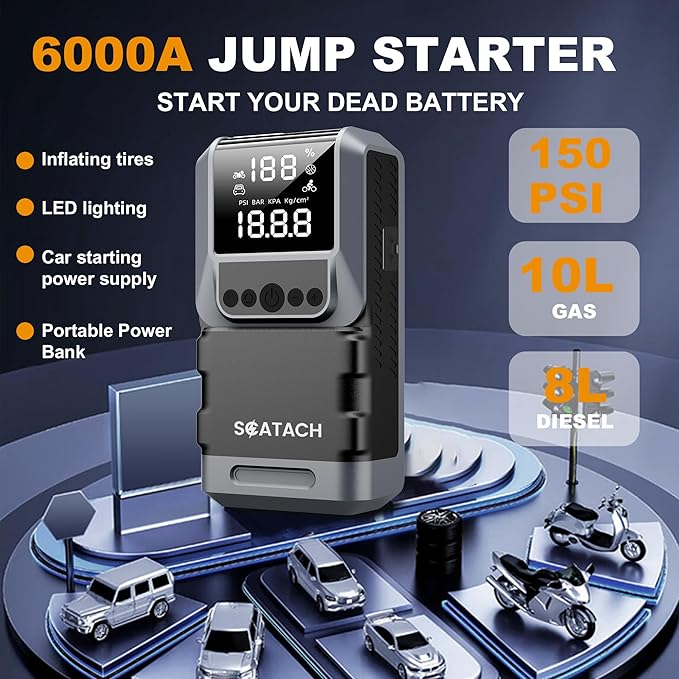 Jump Starter with Air Compressor, 6000A 150PSI Car Battery Jump Starter (10.0 Gas/8.0L Diesel) Battery Jumper Starter