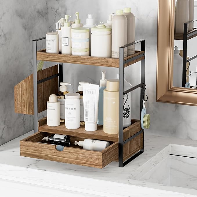 2-Tier Bathroom Counter Organizer with Drawer and Basket, Wood Countertop Organizer for Storage, Skincare Organizers for Vani