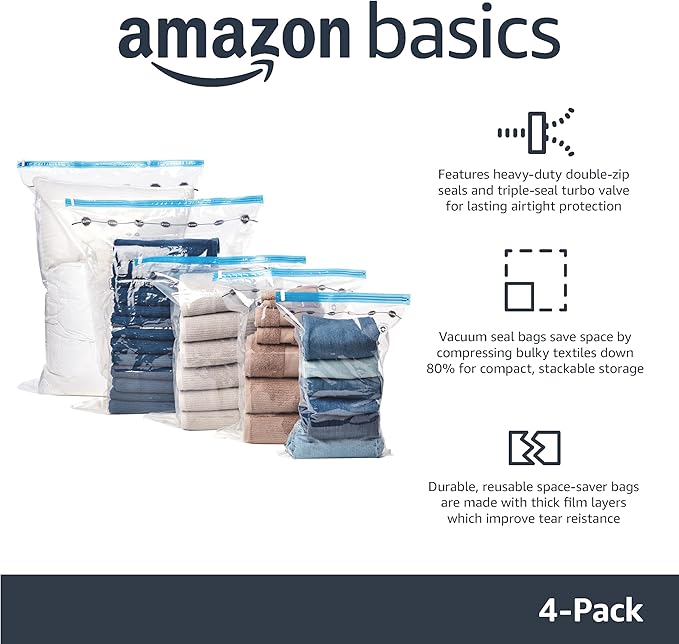 Amazon Basics Vacuum Storage Bags for Blankets, Vacuum Compression Space Saving Storage Bags with Hand Pump for Clothes Packi