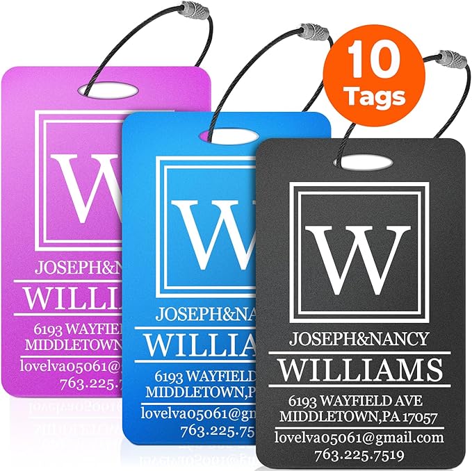 10 PCS Personalized Luggage Tags, Custom Engraved Aluminum Luggage Tags for Family, Metal Luggage Tags for Suitcases, Backpac
