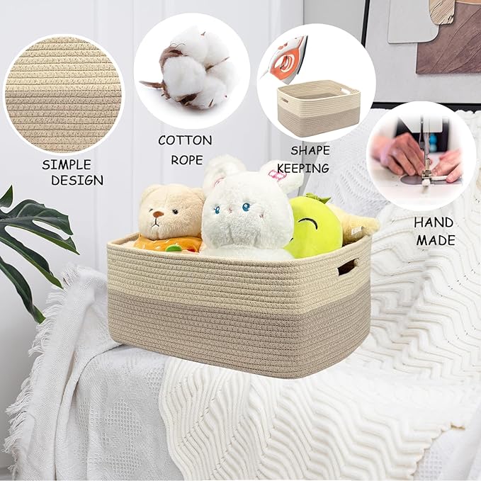 COMFY-HOMI 2 pcs Large Storage Baskets for Shelves, Laundry Basket, Woven Rope Basket, Closet Organizer Bins for Clothes Blan