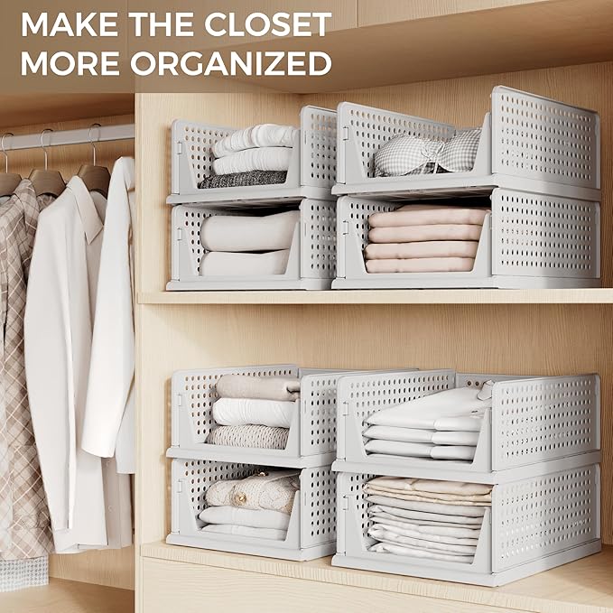 Pinkpum Grey 6 Pack Closet Organizers Storage Bins, Stackable Plastic Drawer Basket for Clothing, Stackable Storage Bins Shel