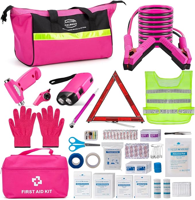 Roadside Emergency Car Kit for Vehicles, Pink Emergency Roadside Assistance kit with Car First Aid Kit, Thoughtful Car Emerge