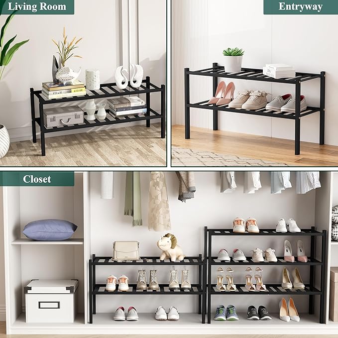 Smiry Shoe Rack, 2 Tier Bamboo Shoe Organizer, Stackable Free Standing Wooden Shoe Storage Shelf for Closet, Entryway, Front 