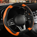 Microfiber Leather D Shaped Steering Wheel Cover, Breathable, Anti Slip, Universal 15 inch, Black with Orange