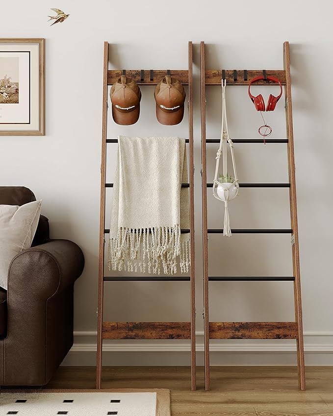 Hzuaneri Blanket Ladder for Living Room, Decorative Quilt Rack with 4 Removable Hooks, 5-Tier Farmhouse Ladder Holder Shelf O