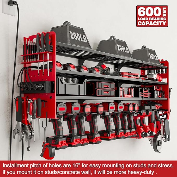 12 Cordless Drill Holder Large Power Tool Organizer Wall Mount with Side Pegboard & Screwdriver Holder, 4-Tier Heavy Duty Met