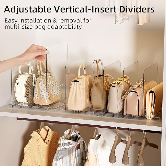 Bag & Purse Organizer for Closet Stackable Acrylic Shelf Dividers for Closet Organization, Clear Handbag Purse Storage Organi