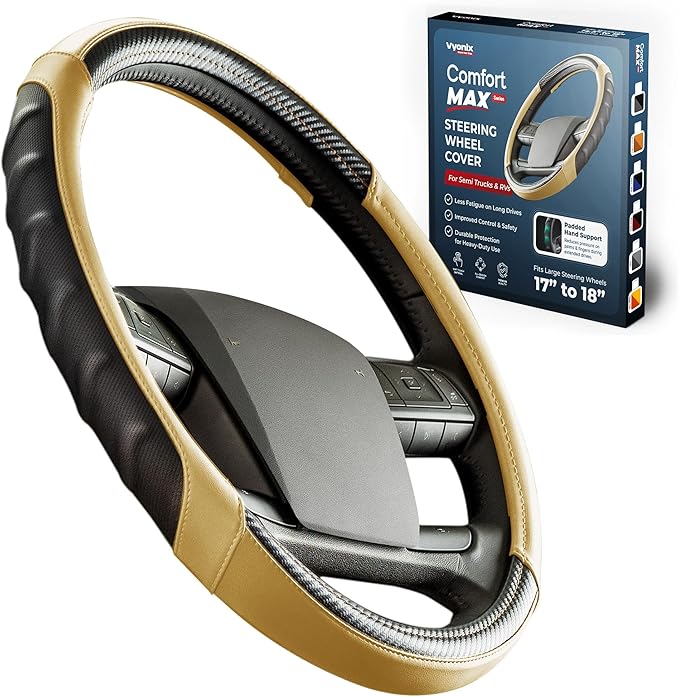 18 Inch Semi Truck Steering Wheel Cover for Freightliner Cascadia, Kenworth T680 T880, Peterbilt 579 & Volvo VNL – Heavy Duty Anti-Slip Leather Grip for Big Rig Class 8 Trucks – Brown