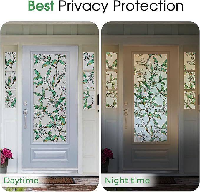 Coavas Static Cling Privacy Window Film, 96% UV & Heat Blocking, Stained Glass Window Film Floral Design, Non-Adhesive, for Bathroom, Front Door, Shower Enclosure‌ (Vinyl, 17.5" X 78.7 ")