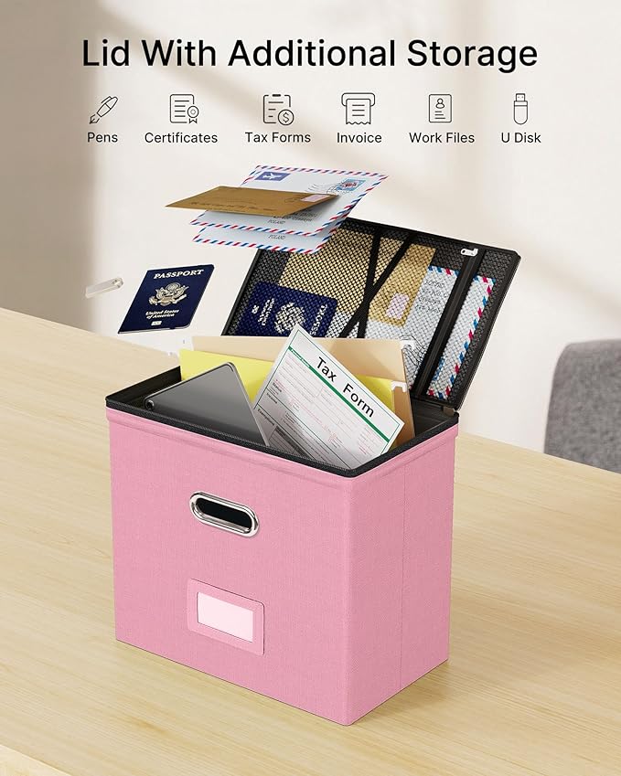 Oterri File Organizer Boxes with Lids, File Box with Mesh Pockets, Document Organizer Box for Letter Size Folders, Zippers Im