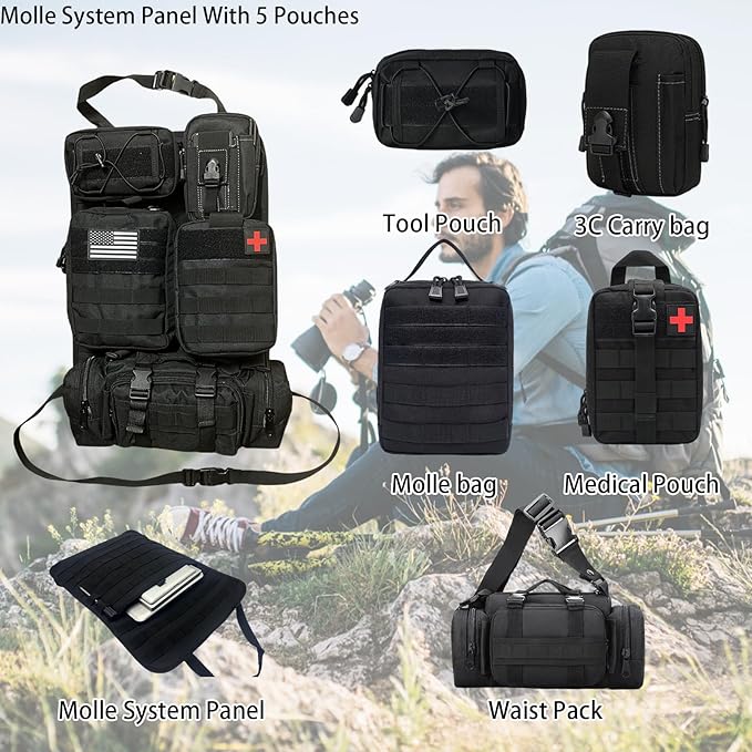 6 Pack Tactical Molle Car Seat Back Organizer Tactical Vehicle Panel with 5 Detachable Molle Pouch for Car Truck Ford Jeep Vehicle,US Patch Automotive Organizer For Man (5 Pouches)