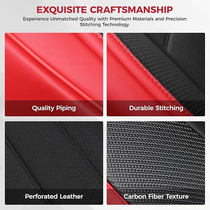 FREESOO Red Black Front Car Seat Covers - Faux Nappa Leather Seat Covers for Cars, with Carbon Fiber Texture Seatbelt Pads, I