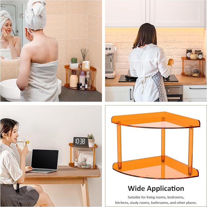 Sezanrpt 2 Tier Acrylic Corner Shelf Organizer Storage 9.5x9.5x8 Inch, Orange Countertop Corner Shelf for Bathroom, Kitchen, 