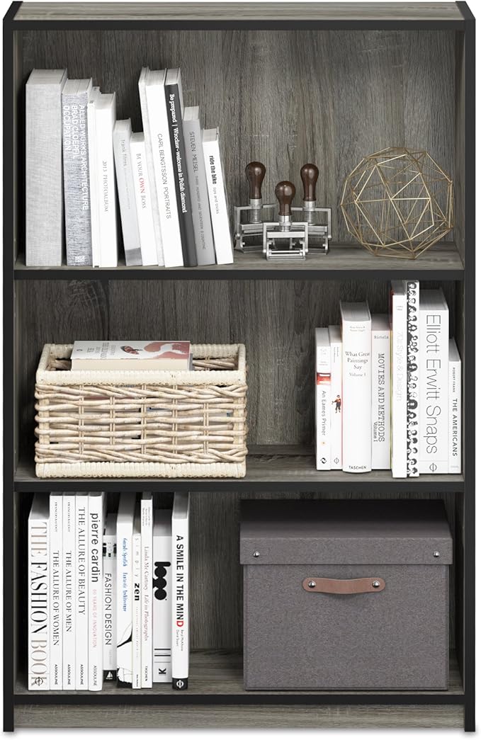 Furinno Jaya Book Shelf, 3-Tier Bookshelf, Bookcase with Adjustable Shelves, 9.5 x 24.5 x 40.3, for Living Room, Bedroom, Hom
