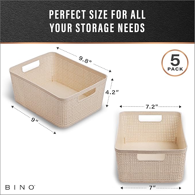 BINO | Woven Plastic Basket | Small (Natural), 5-Pack | THE JUTE COLLECTION | Home Organization, Space - Saving Storage, Styl