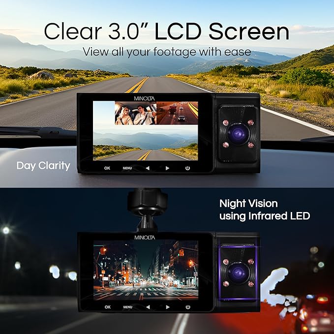 Minolta Dash Camera – 3-Channel 1080P Car DVR with Rear & Interior Cam, Night Vision, 3.0” LCD Screen, G-Sensor, Loop Recordi