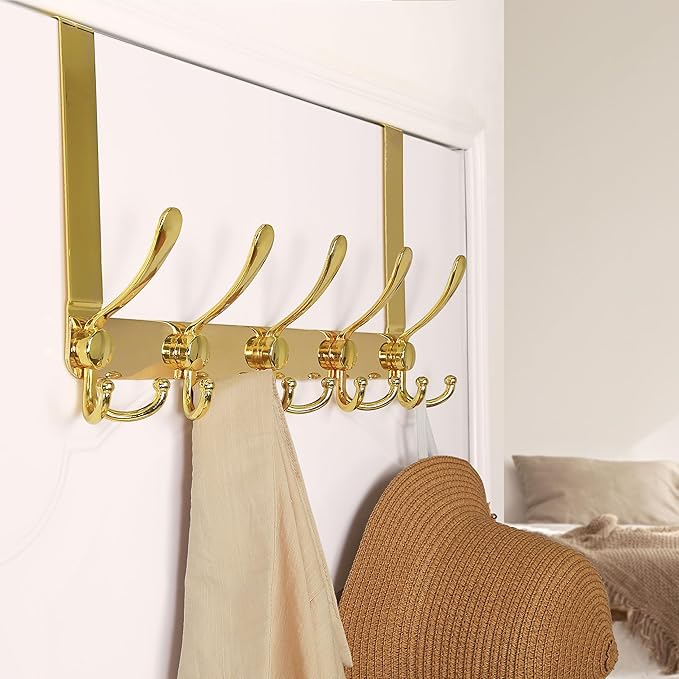 Dseap Over The Door Hook Hanger - Fits 1 3/8" to 1 3/4" Standard Doors | 5 Tri Hooks Heavy Duty Towel/Coat Rack | Door Organi