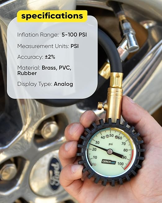Tire Pressure Gauge 100 PSI - Large Dial Numbers & 45° Angle Chuck, Accurate Air Pressure Gauge for Tires
