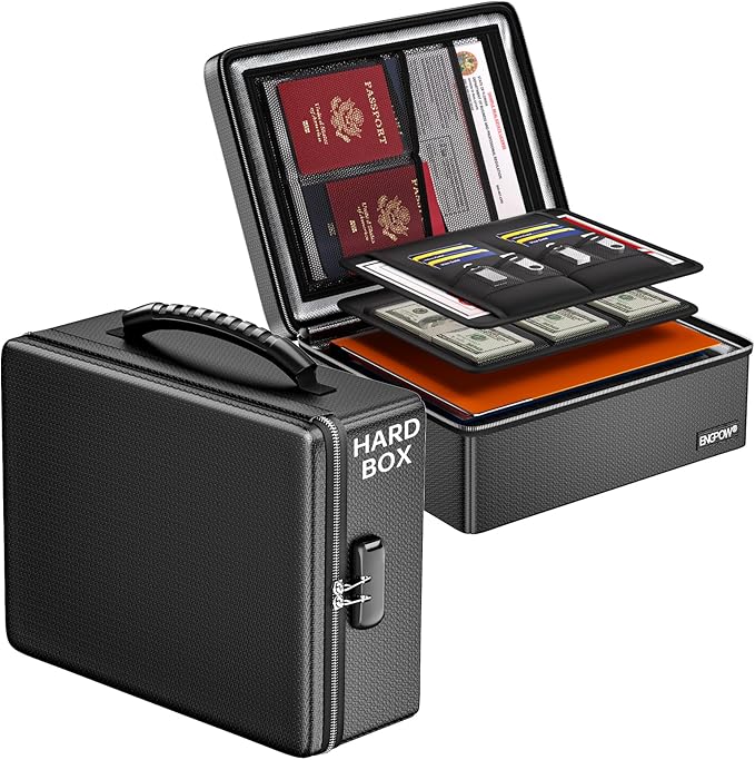ENGPOW Fireproof Document Box with Lock, Fireproof Water Resistant Heat Insulated Safe Box Hard Case with Fireproof Zipper, P