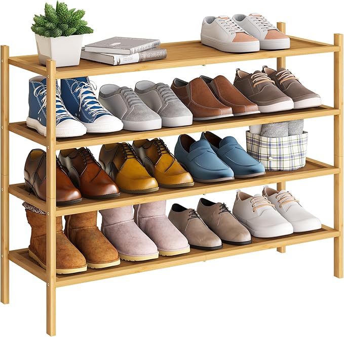 BMOSU 4-Tier Bamboo Extended Shoe Rack Premium Stackable Shoe Shelf Storage Organizer for Hallway Closet Living Room Entryway