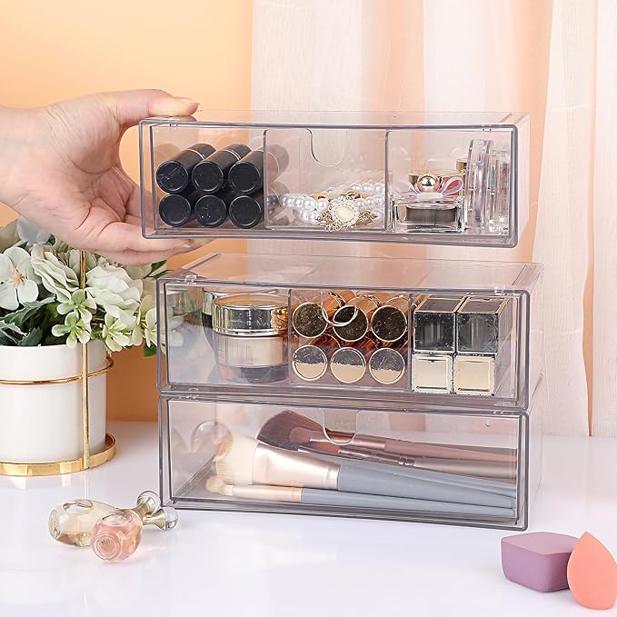 Hipiwe Acrylic Storage Drawers 3-Tier Stackable Bathroom Makeup Organizer Cotton Swabs Qtip Holder for Vanity Cosmetics Clear