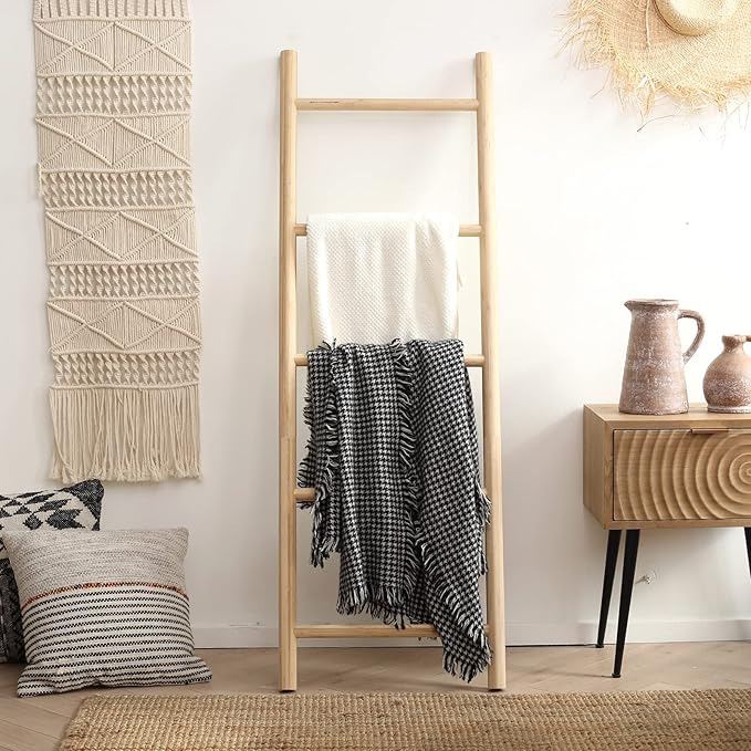 FUIN Fully Assembled 57in Bamboo Blanket Ladders Living Room Wood Decorative Wall Leaning Farmhouse Quilt Display Holder Rust