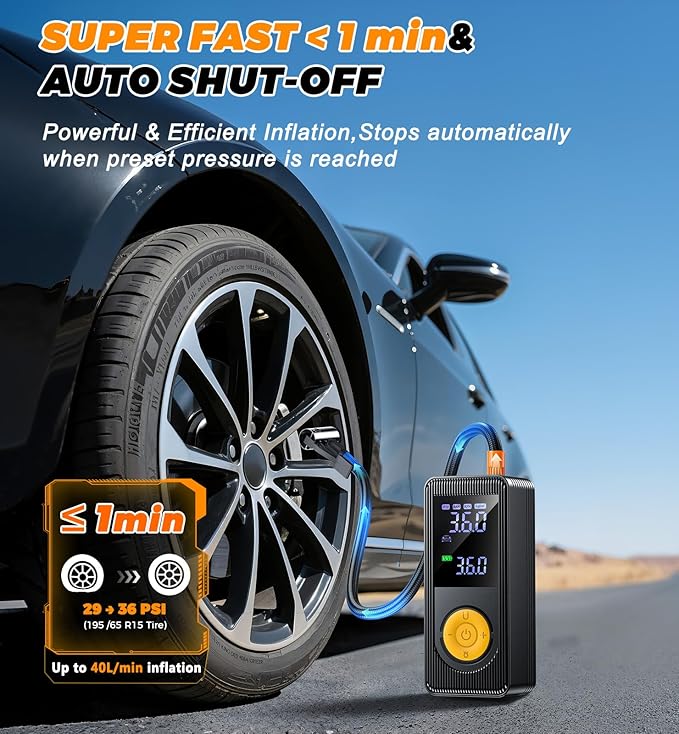 Tire Inflator Portable Air Compressor - 150 PSI 4X Fast Inflation Rechargeable Battery & 12V DC Adapter Powered Air Pump for Car Bike Motorcycle Tires Balls with LCD Display, LED Light
