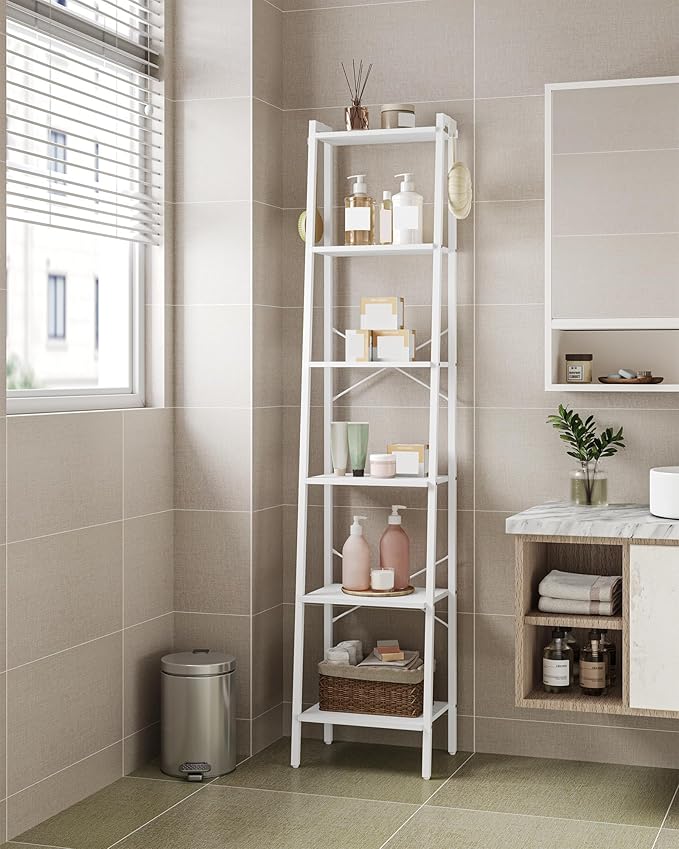 Hzuaneri Ladder Shelf, Bookshelf Bookcase, Freestanding Corner Storage Shelve with 2 Hooks for Home Office, Living Room, Kitc