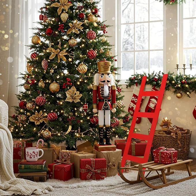 Jenaai 39 Inches Christmas Red Wooden Ladder Christmas Tree Decoration Santa Climb Ladder Assemble and Disassemble Rustic Dec