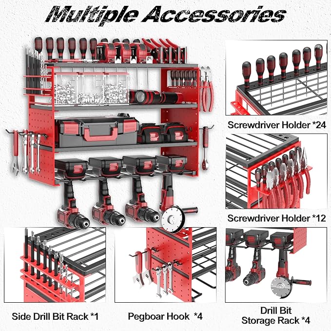 Power Tool Organizer Wall Mount, Cordless Drill Hanger Storage Rack 8 Drill Holder, 4 Layer Heavy Metal Large Capacity Tool R