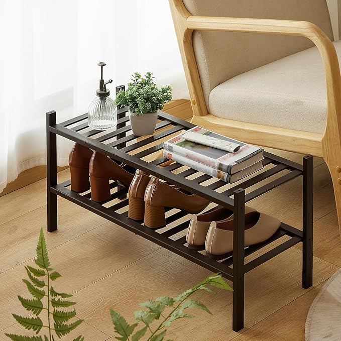 2-Tier Bamboo Shoe Rack for Entryway, Stackable | Heavy Duty | Multi-Function, Free Standing Shoe Racks for Bedroom Hallway C
