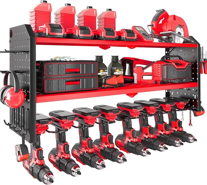 KAFAHOM Power Tool Organizer, Large 8 Drill Holder Wall Mount with 2 Side Pegboards, Heavy Duty Metal Tool Shelf with 12 Hook