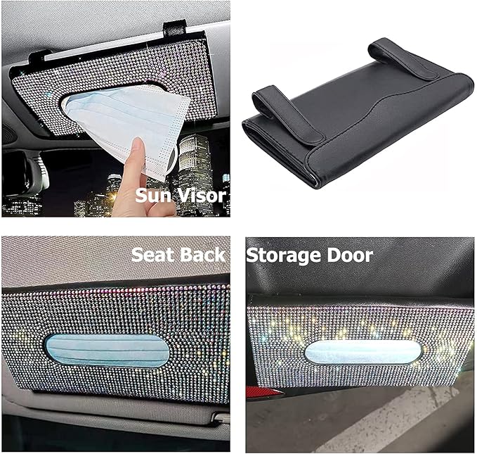 Car Sun Visor Mask Box Holder Leather Sparkling Bling Bling Multicolor Crystals Mask Cover Case & Glitter Mask Hook Clip for Women（AB Color）